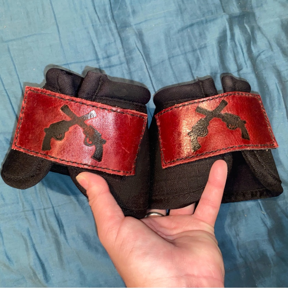 Custom Equine Bell Boots-Handmade-Black w Red Leather & Cross Pistols Brand